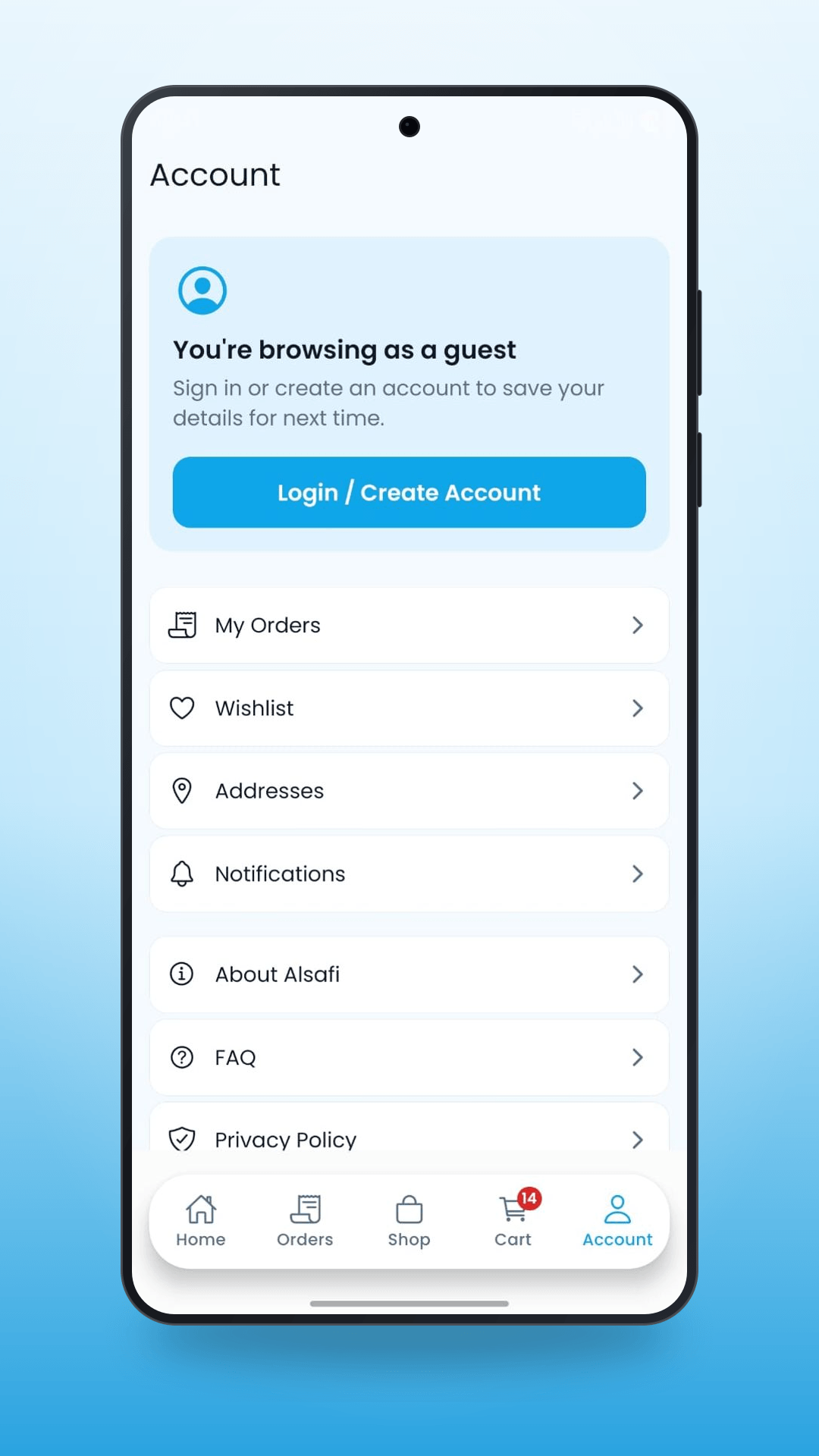Account screen of the Alsafi Water Delivery app