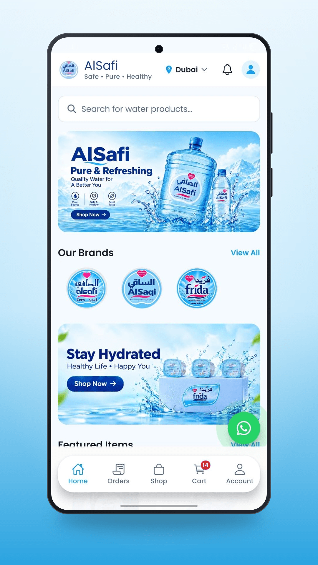 Home screen of the Alsafi Water Delivery app