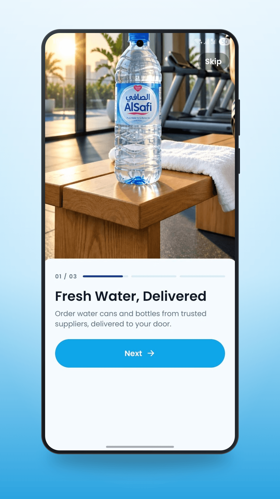 Onboarding screen of the Alsafi Water Delivery app